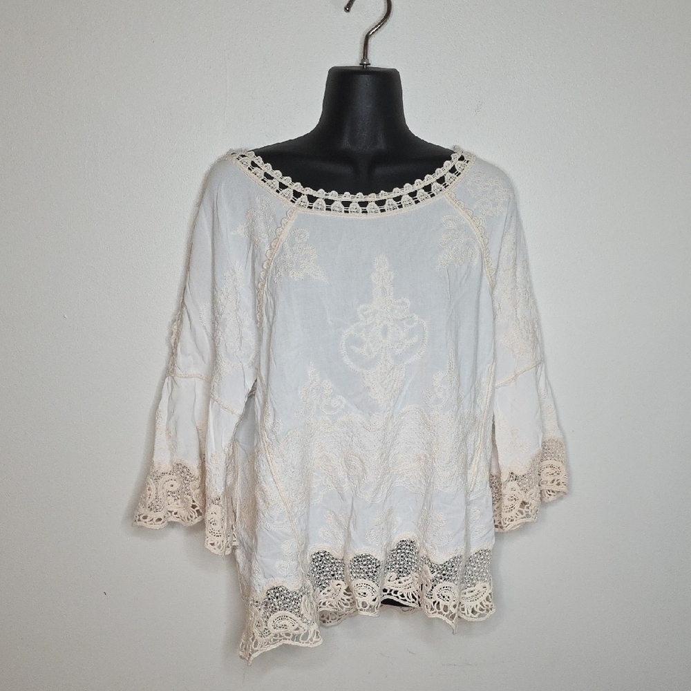 Boho Cream Lace Women's Blouse - Hippie Details Size Small
